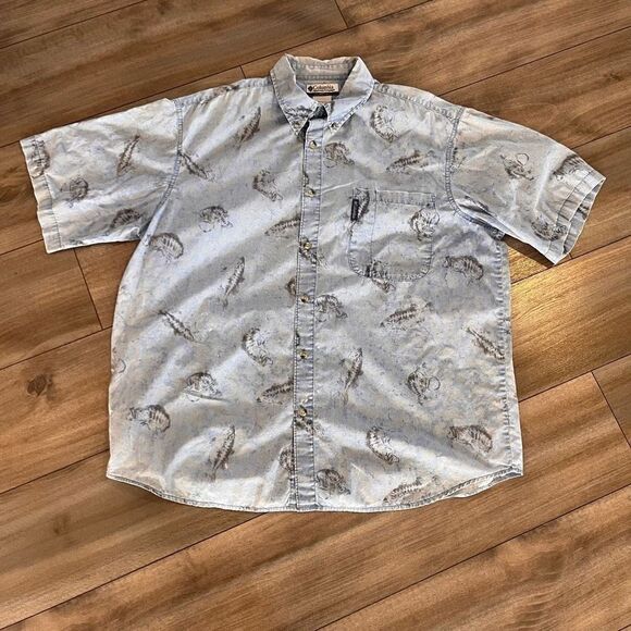 Columbia Blue Fish‎ Print Casual Buttonup Shirt Men XL Bin M-72 - Picture 1 of 5